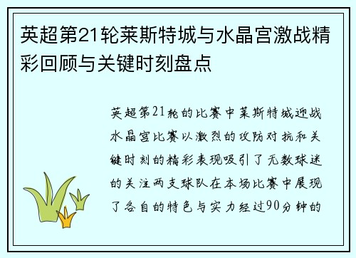 英超第21轮莱斯特城与水晶宫激战精彩回顾与关键时刻盘点 英超第21轮莱斯特城与水晶宫激战精彩回顾与关键时刻盘点