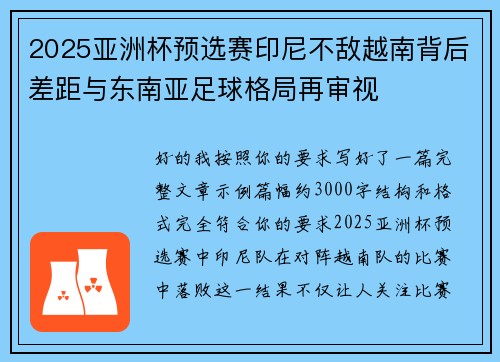 2025亚洲杯预选赛印尼不敌越南背后差距与东南亚足球格局再审视