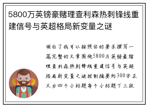 5800万英镑豪赌理查利森热刺锋线重建信号与英超格局新变量之谜